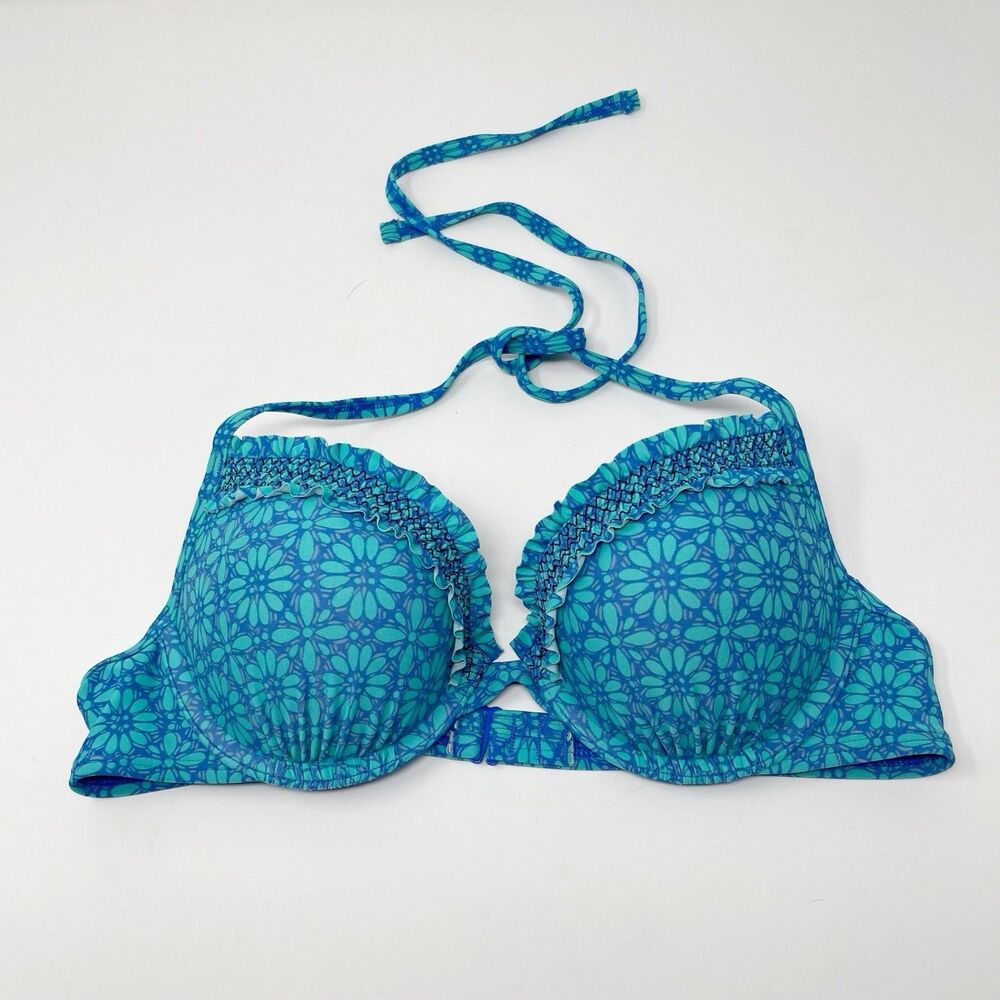 Aerie Size 34B Blue Floral Print Swim Top Perkier Push Up Bra Halter Tie Neck
